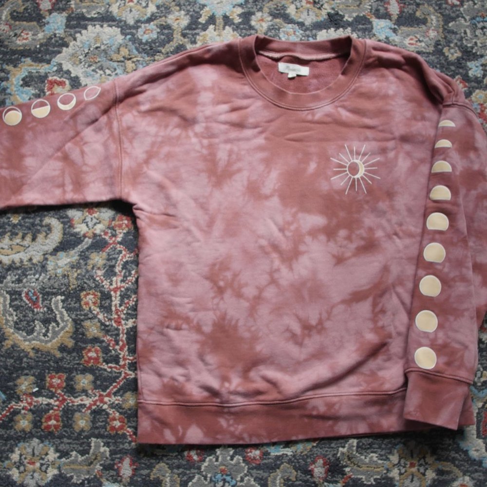 Madewell Tie Dye Crew Neck Sweater, Sun and Moon Print, Coral Pink